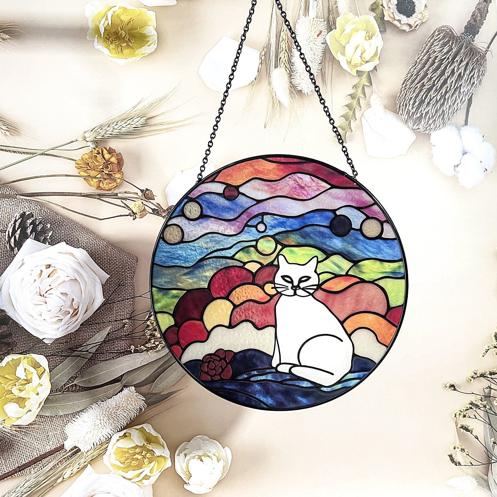 White Cat Stained Glass Suncatcher - Window Hanging Decor & Gift for Cat Lovers
