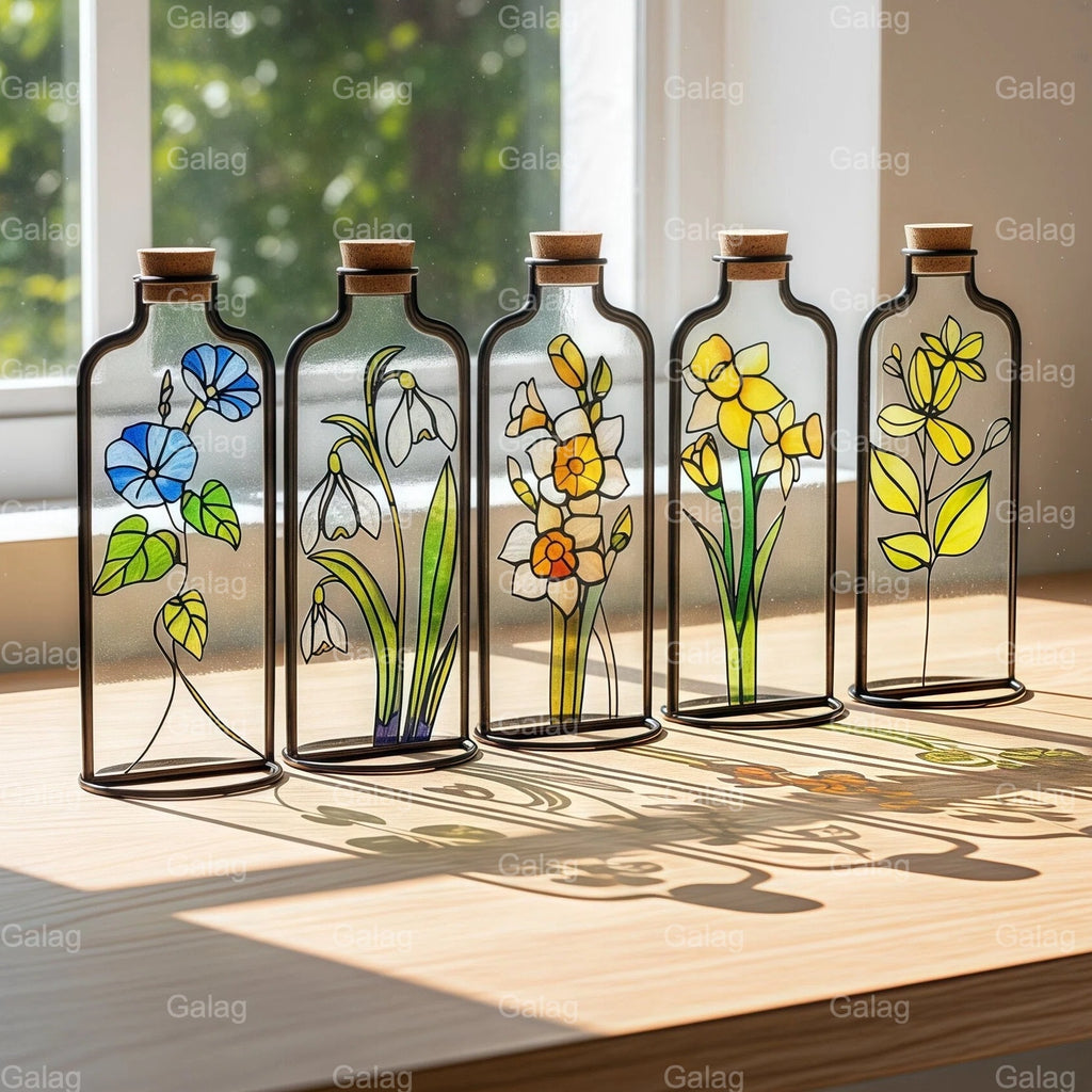 Stained Glass Birth Flower Bottle Set For Home Decor.