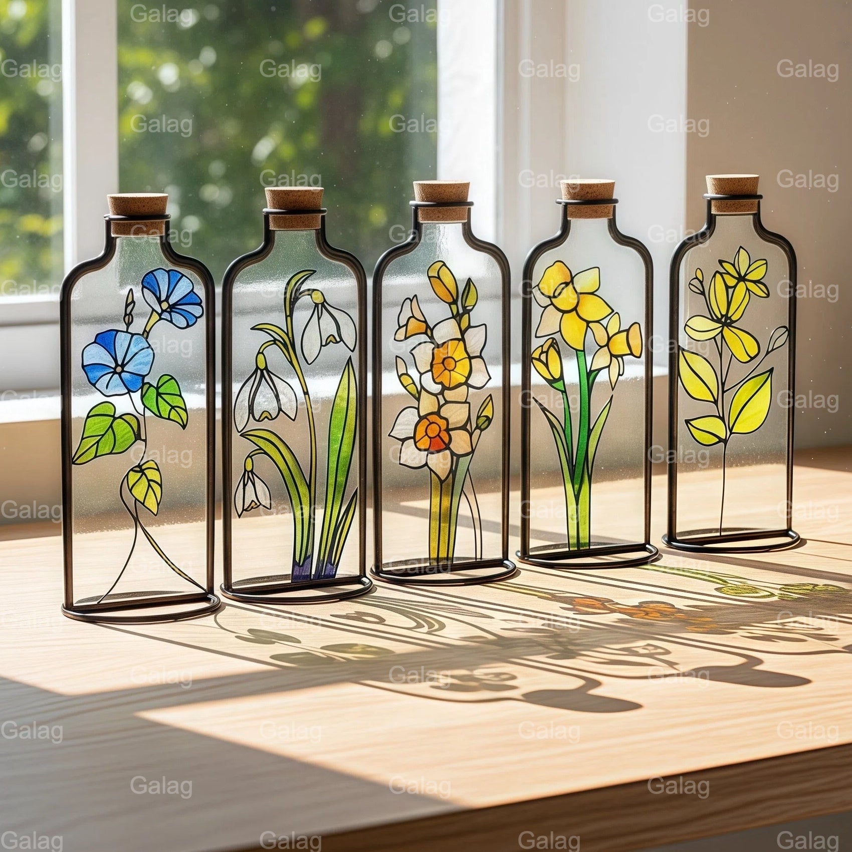 Stained Glass Birth Flower Bottle Set For Home Decor.