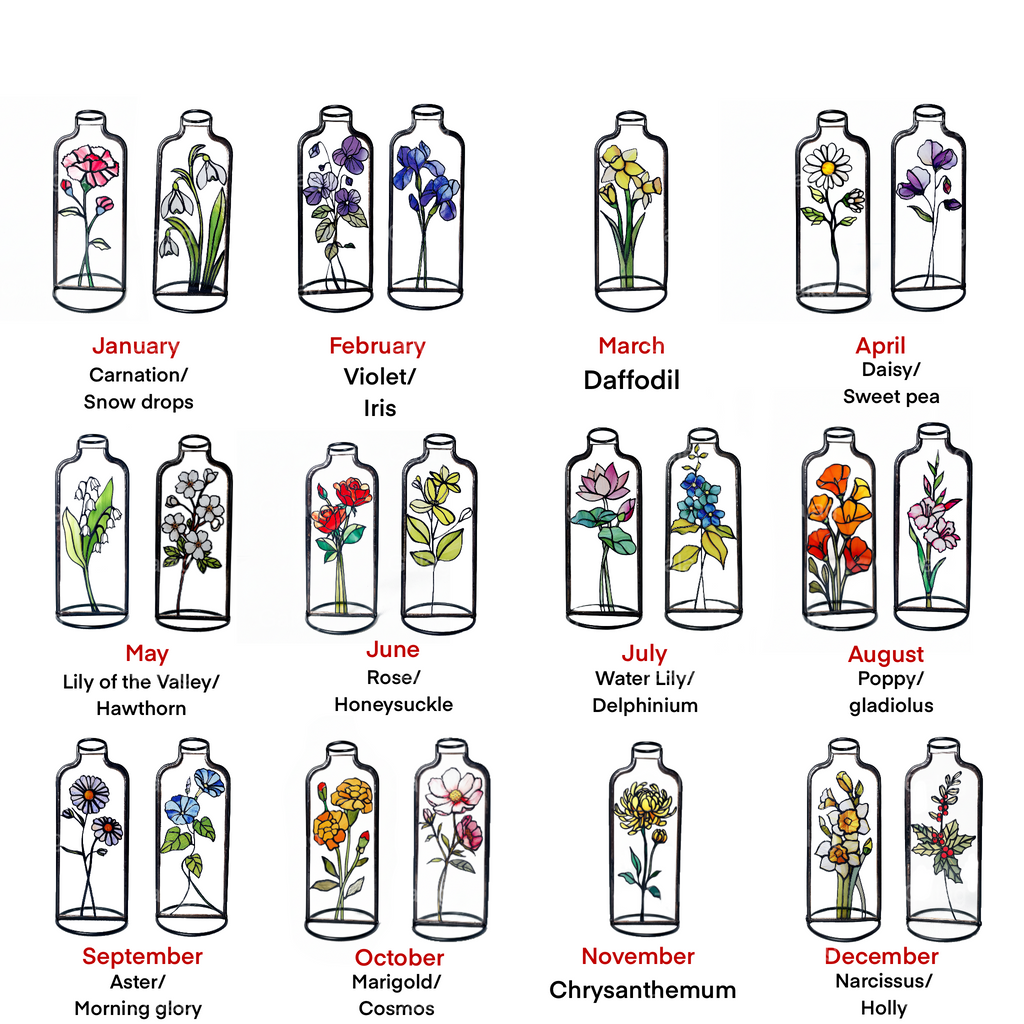 Stained Glass Birth Flower Bottle Set For Home Decor.