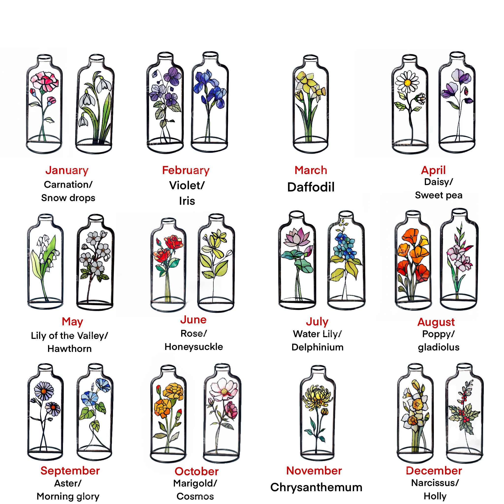 Stained Glass Birth Flower Bottle Set For Home Decor.