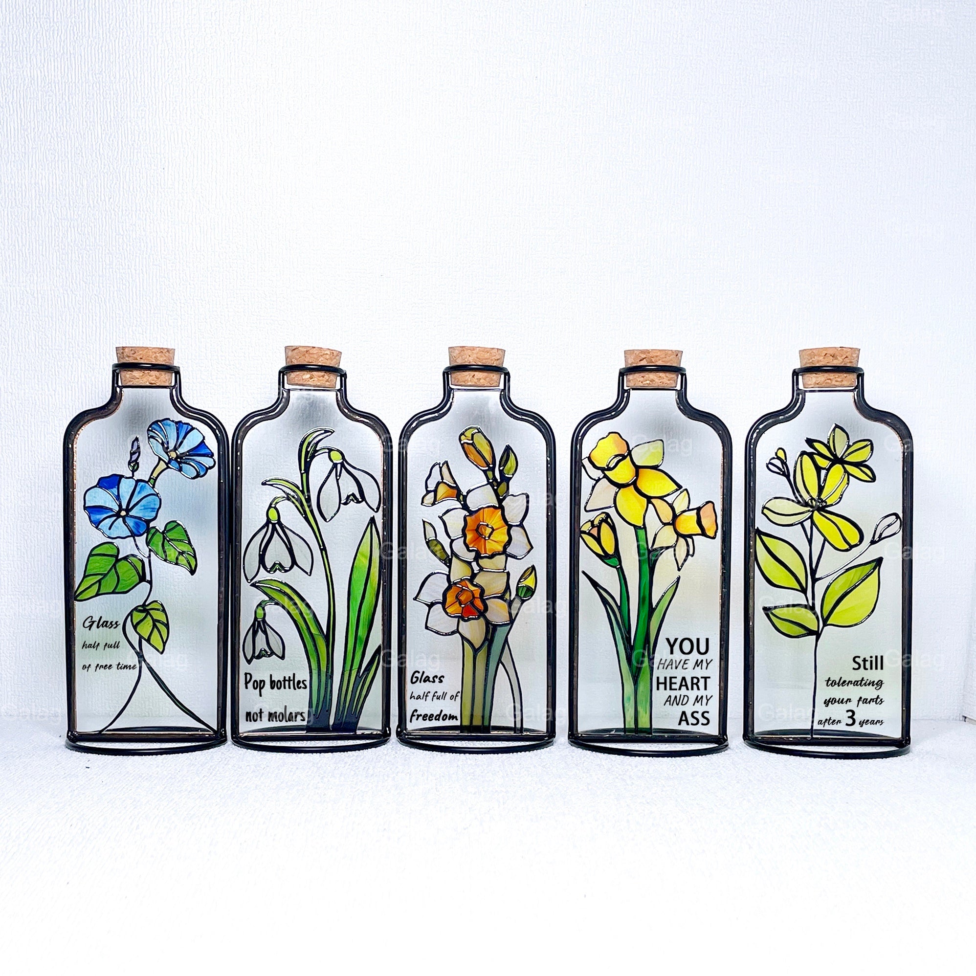 Stained Glass Birth Flower Bottle Set For Home Decor.