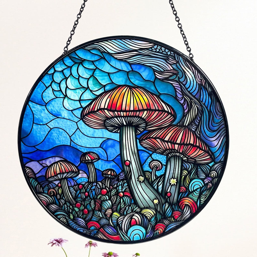 Mushrooms and Vaporwave Glass Suncatcher/Window Hanging