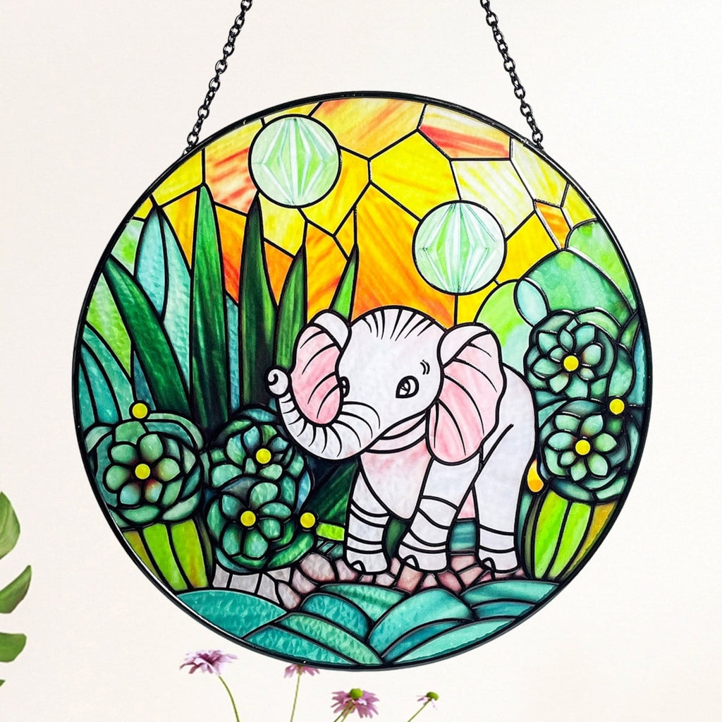 Elephant and Succulent Stained Glass Suncatcher/Window Hanging
