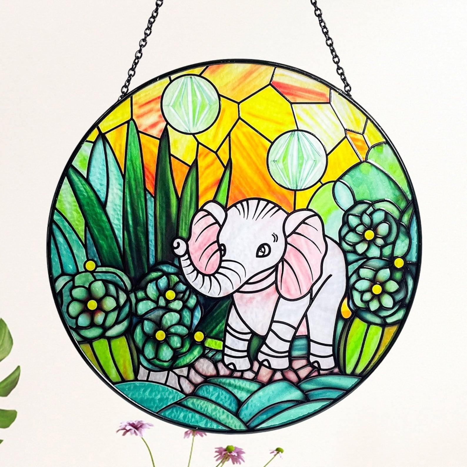 Elephant and Succulent Stained Glass Suncatcher/Window Hanging