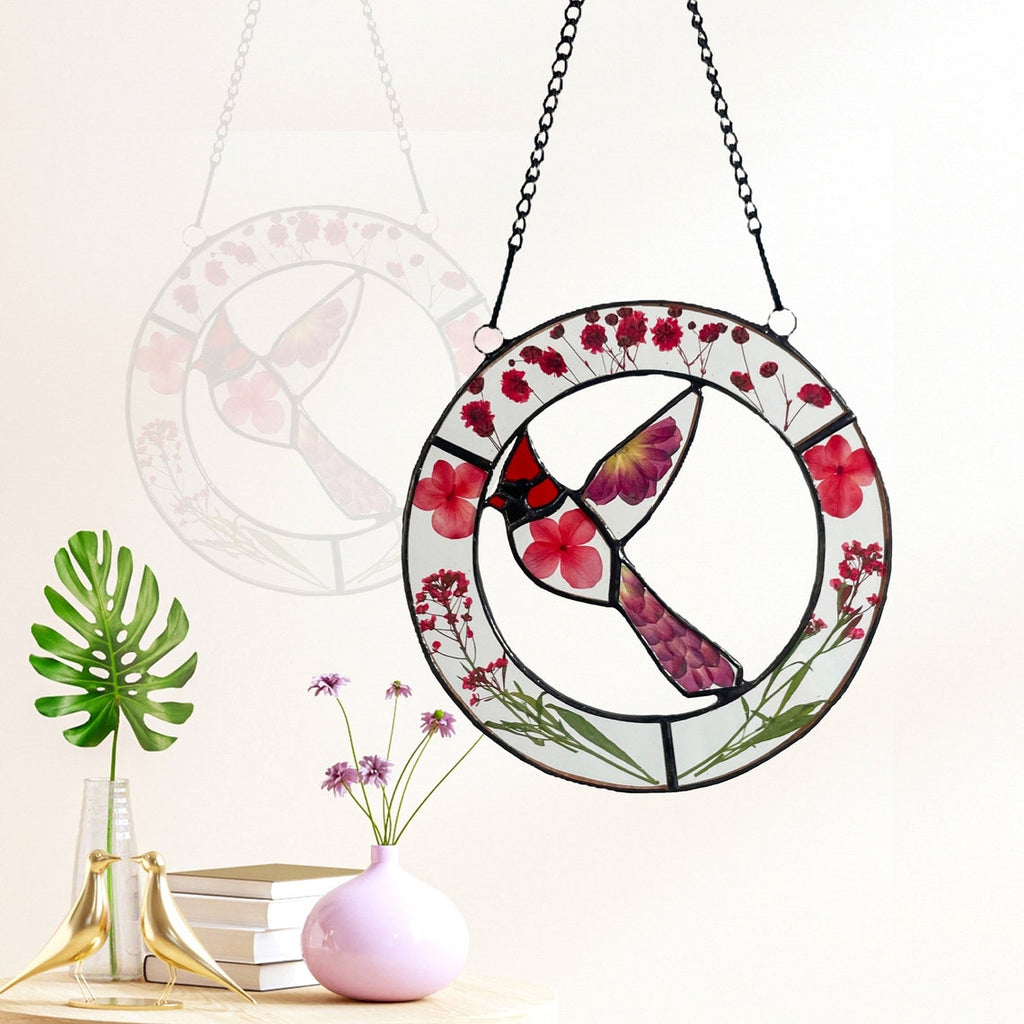 Real Red Pressed Dried Flowers and Cardinal Stained Glass Suncatchers
