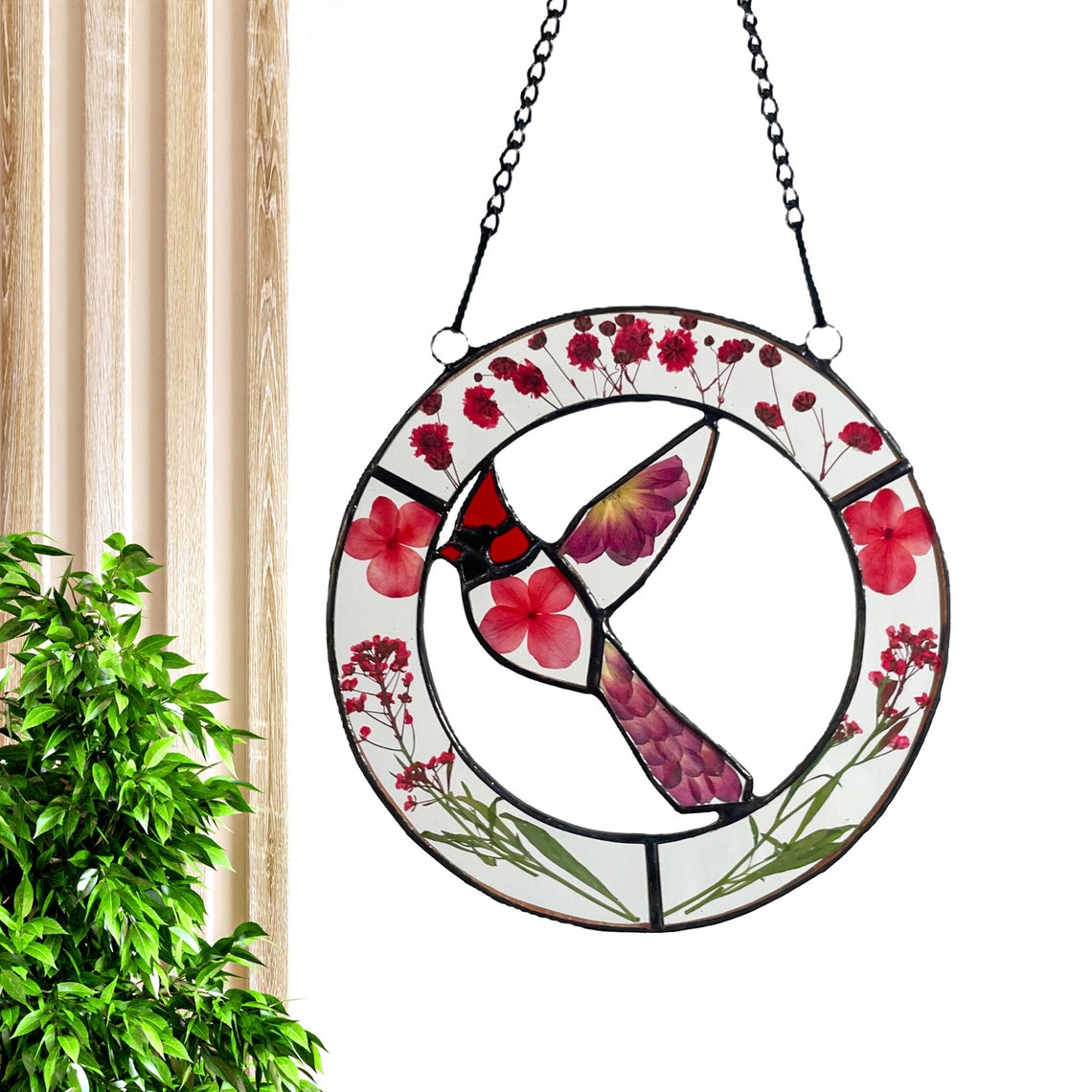 Real Red Pressed Dried Flowers and Cardinal Stained Glass Suncatchers
