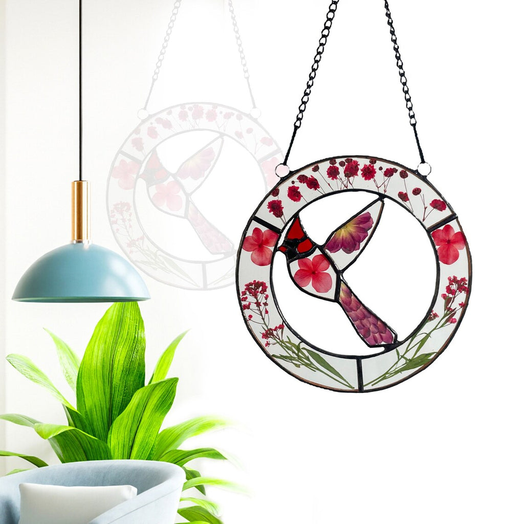 Real Red Pressed Dried Flowers and Cardinal Stained Glass Suncatchers