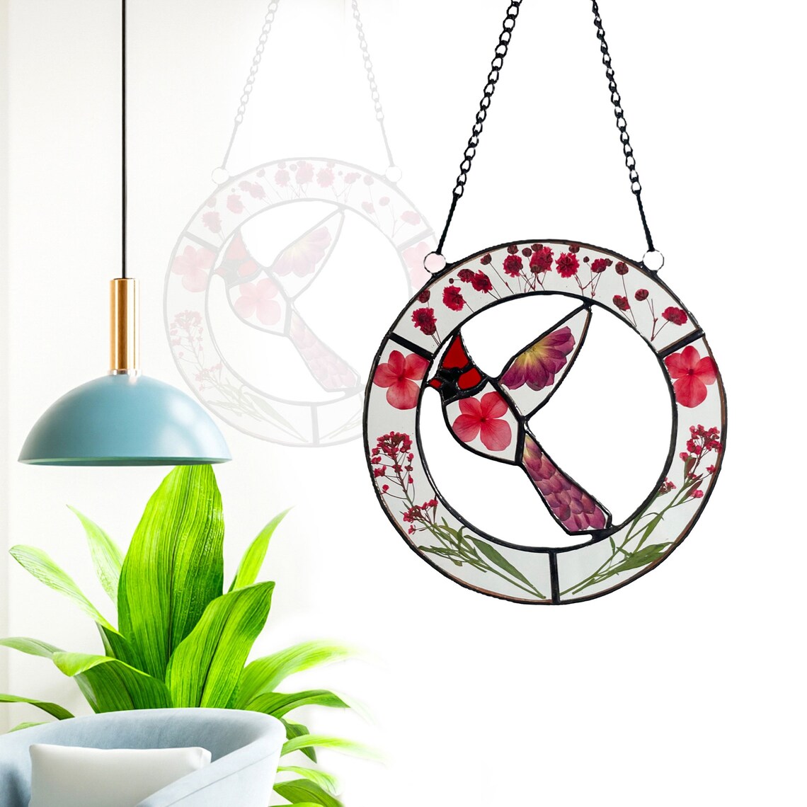 Real Red Pressed Dried Flowers and Cardinal Stained Glass Suncatchers