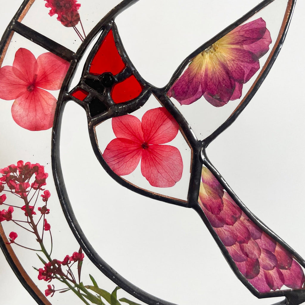 Real Red Pressed Dried Flowers and Cardinal Stained Glass Suncatchers