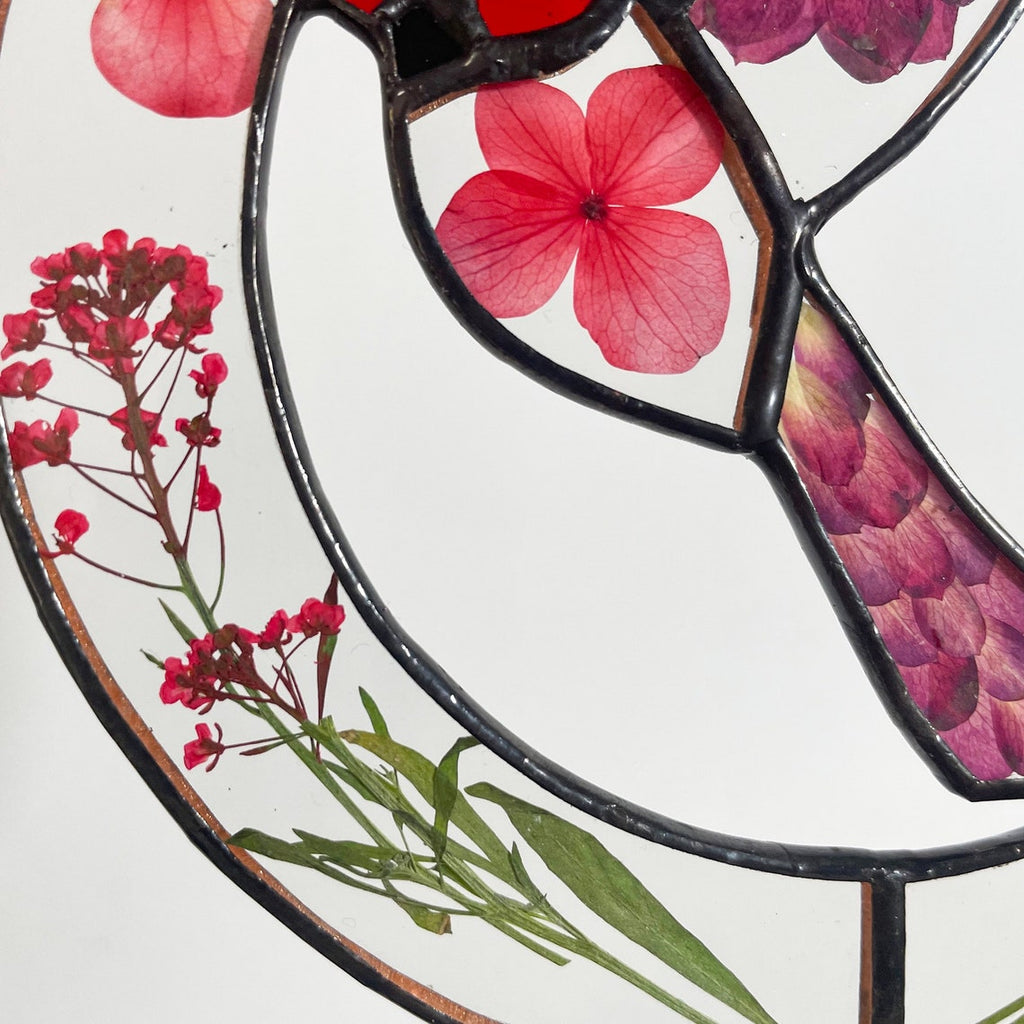 Real Red Pressed Dried Flowers and Cardinal Stained Glass Suncatchers