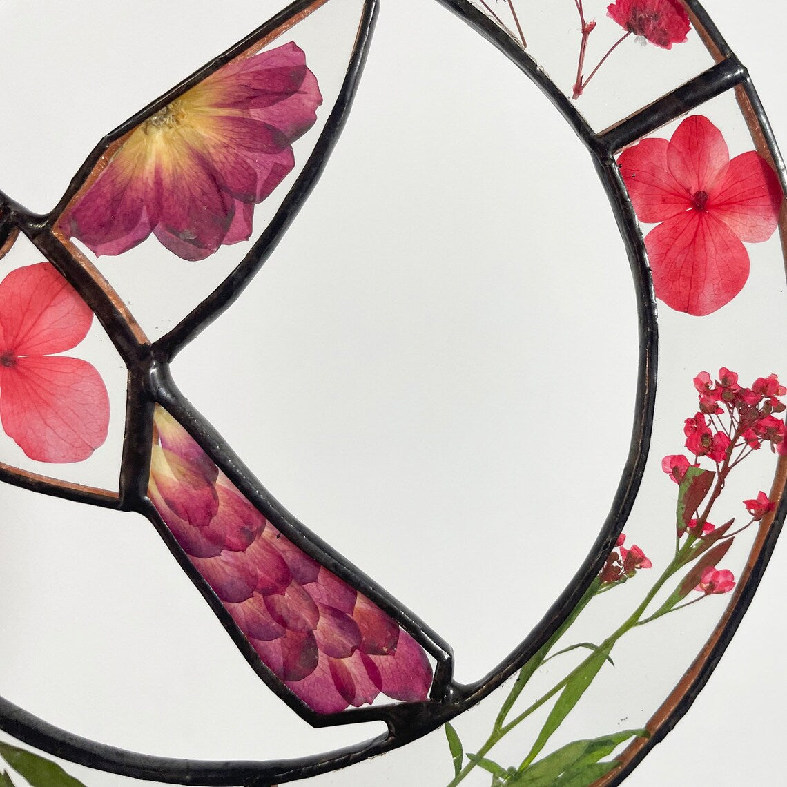Real Red Pressed Dried Flowers and Cardinal Stained Glass Suncatchers