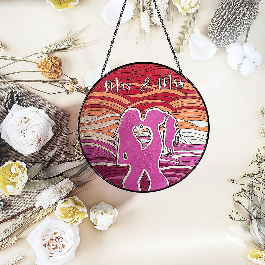 Mrs and Mrs stained glass window hanging