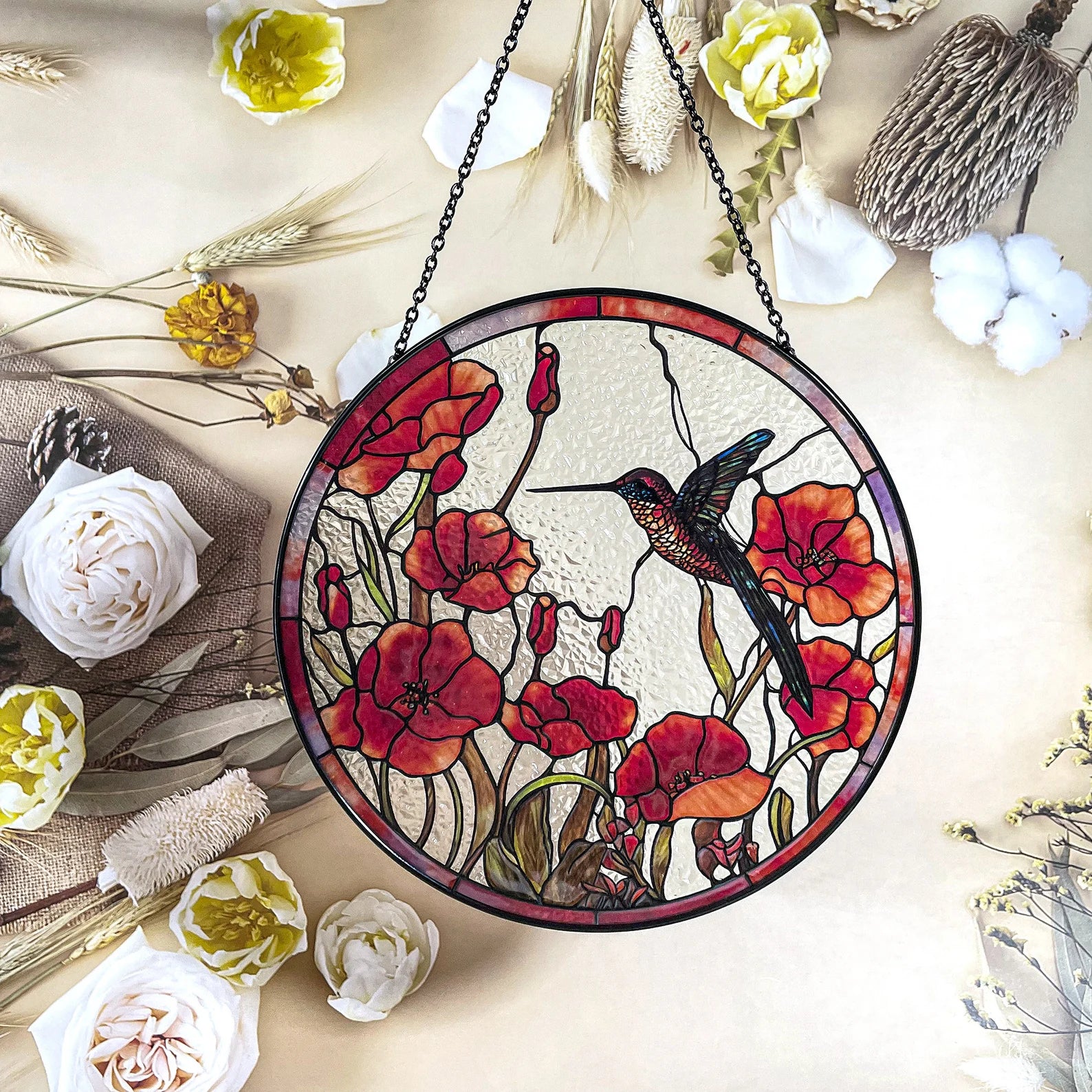 Hummingbird Suncatcher Stained Glass Suncatchers - Originally Designed 7.8'' Hummingbird Red Poppies Ornament for Sun Catcher Indoor Window | Gifts for Hummingbird Lovers Painted Glass Panel Decor