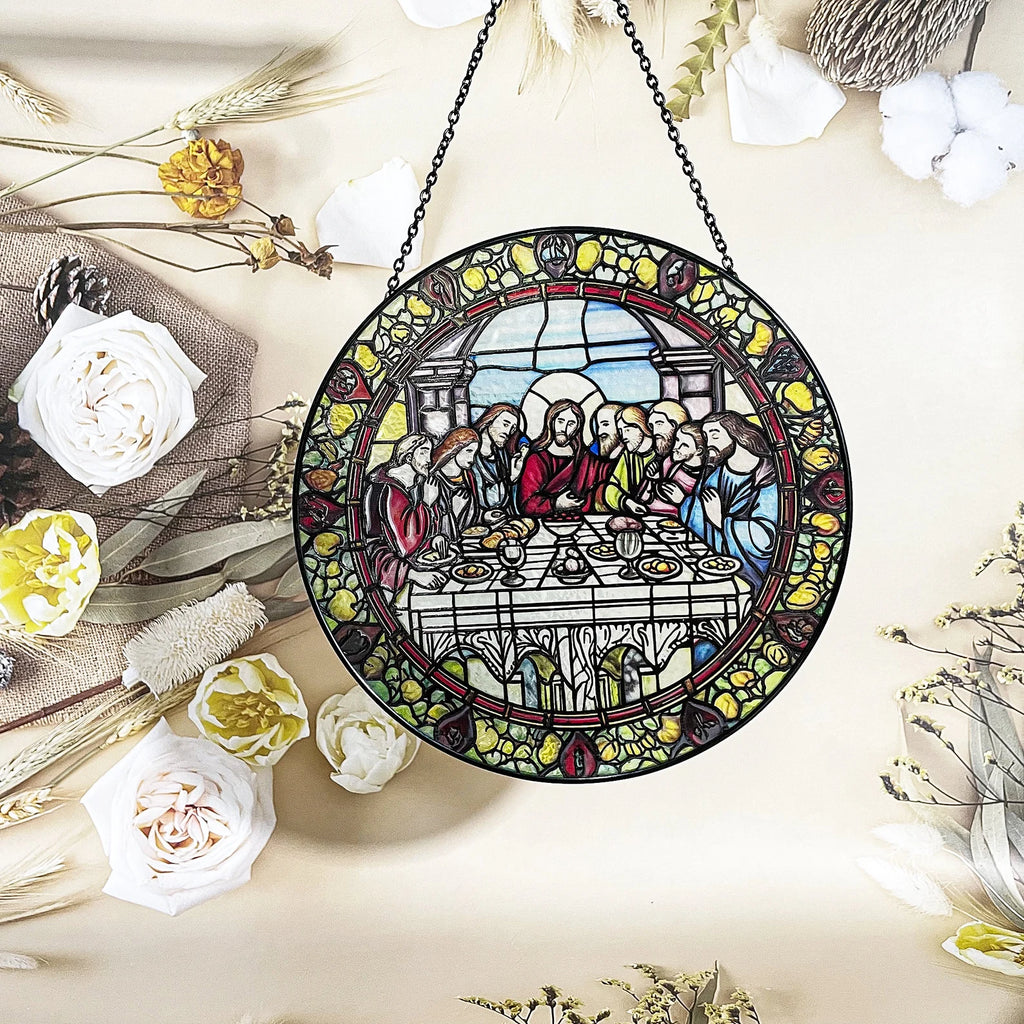 Last Supper Suncatcher Stained Glass - Originally Designed 7.8'' Picture for Dining Room | Last Supper Wall Decor for Last Supper Lovers Stained Glass Window Hanging Painted Glass