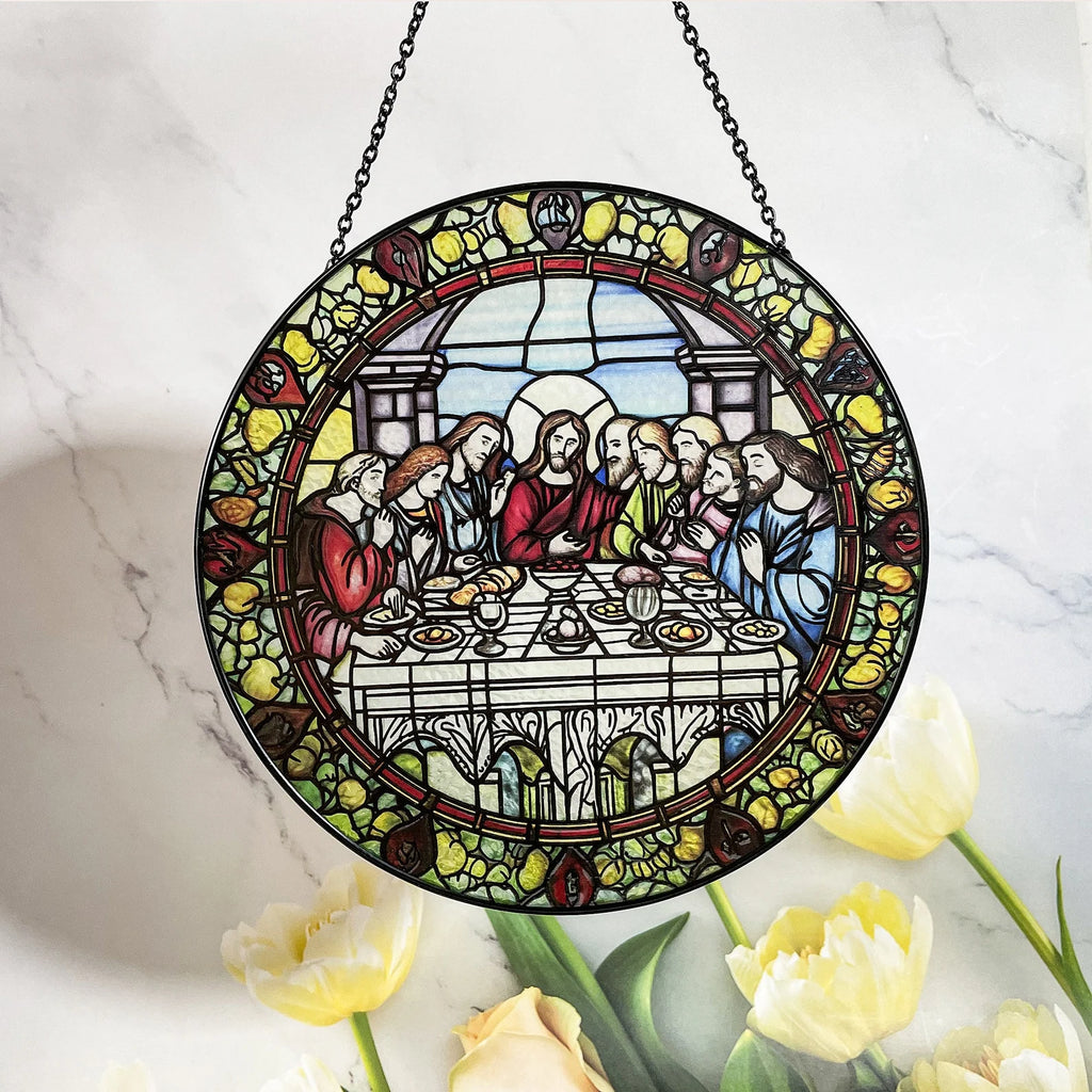 Last Supper Suncatcher Stained Glass - Originally Designed 7.8'' Picture for Dining Room | Last Supper Wall Decor for Last Supper Lovers Stained Glass Window Hanging Painted Glass