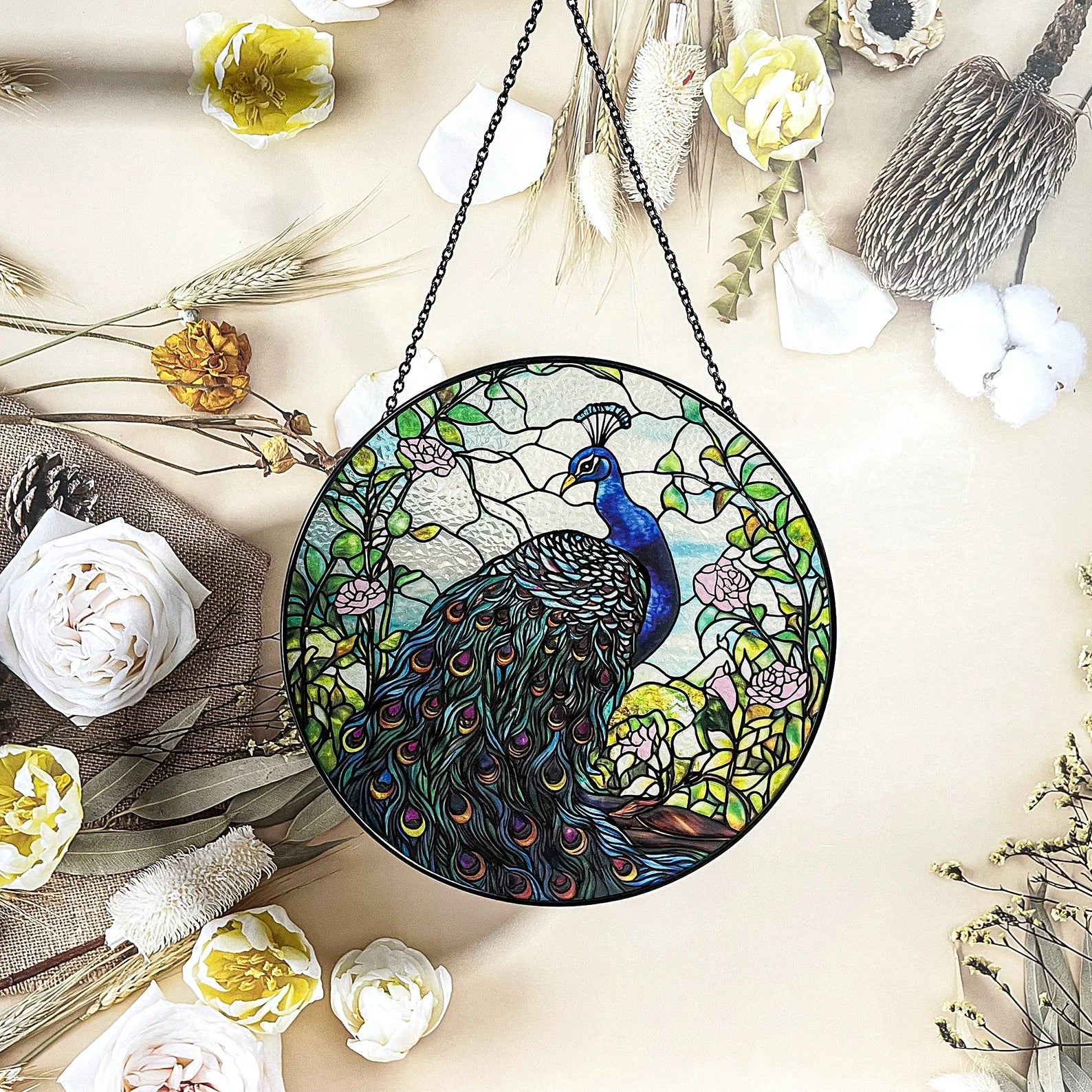 Peacock Stained Glass Suncatcher - 7.8'' Window Decor