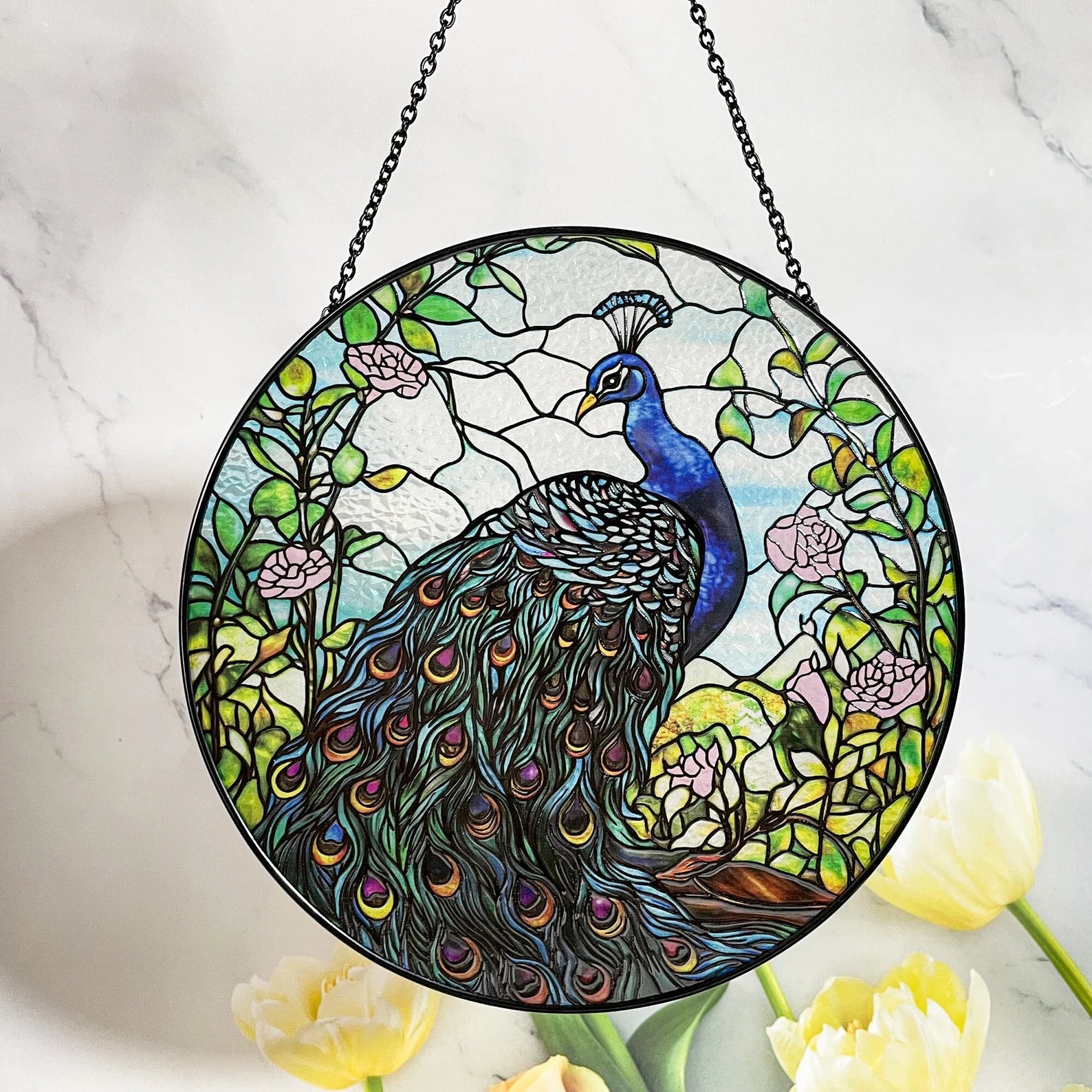 Peacock Stained Glass Suncatcher - 7.8'' Window Decor