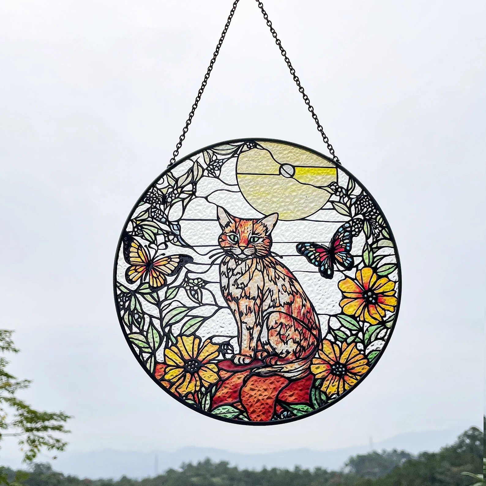 Orange Cat & Butterfly Stained Glass Suncatcher - Cat Lover's Gift