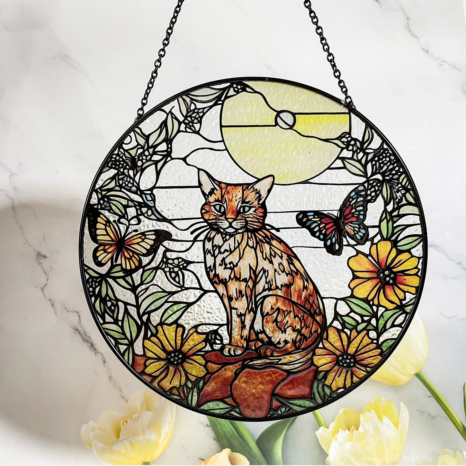 Orange Cat & Butterfly Stained Glass Suncatcher - Cat Lover's Gift