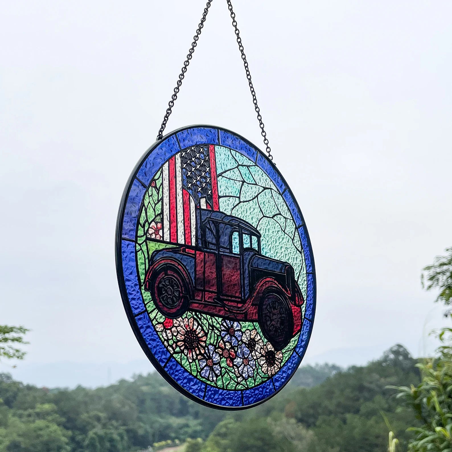 US Flag Classic Car Stained Glass Suncatcher - Window Hanging Gift