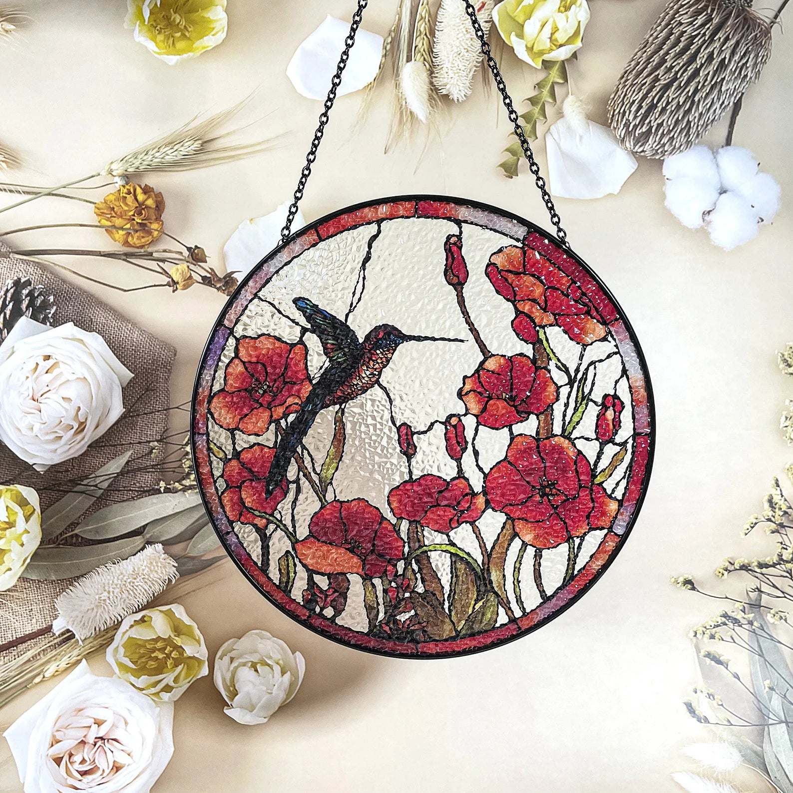 Hummingbird Suncatcher Stained Glass Suncatchers - Originally Designed 7.8'' Hummingbird Red Poppies Ornament for Sun Catcher Indoor Window | Gifts for Hummingbird Lovers Painted Glass Panel Decor
