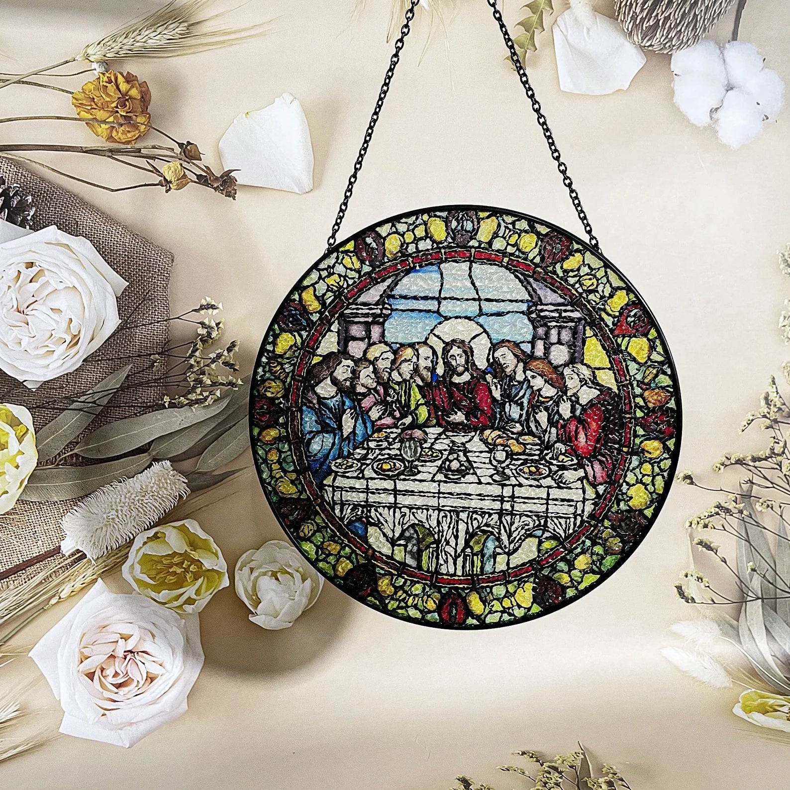 Last Supper Suncatcher Stained Glass - Originally Designed 7.8'' Picture for Dining Room | Last Supper Wall Decor for Last Supper Lovers Stained Glass Window Hanging Painted Glass