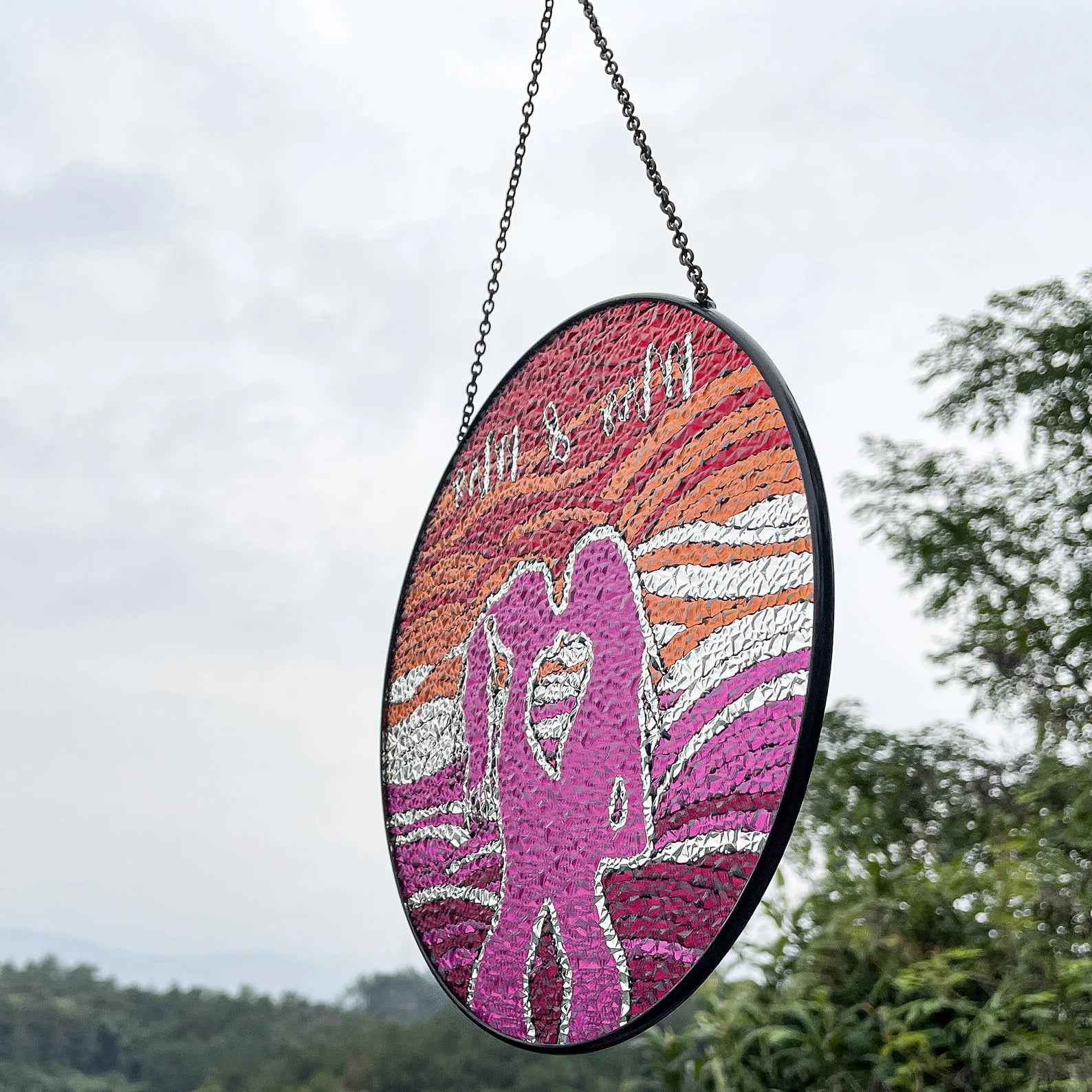 Mrs and Mrs stained glass window hanging