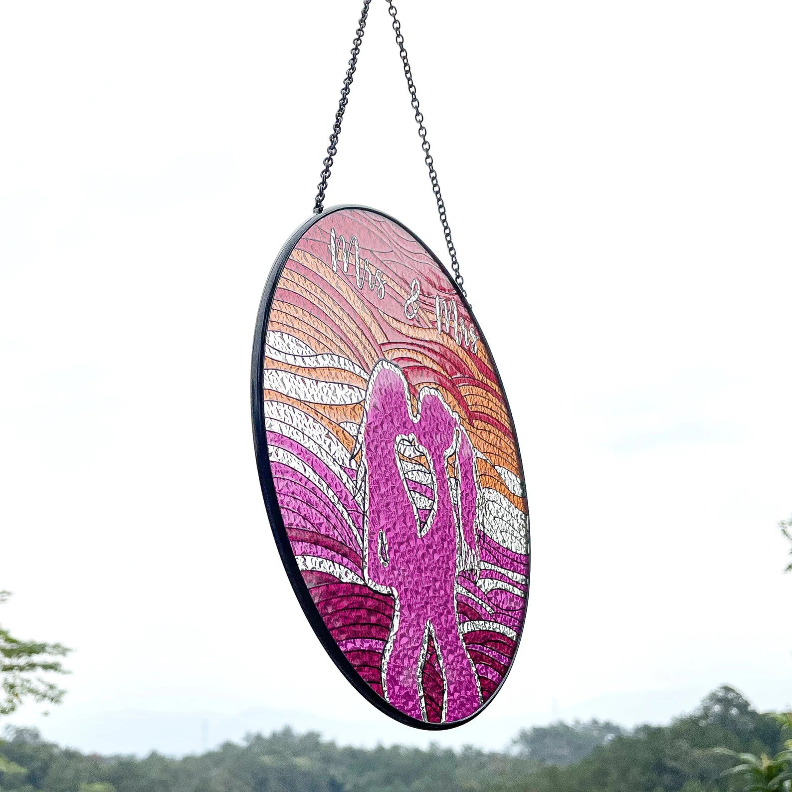 Mrs and Mrs stained glass window hanging