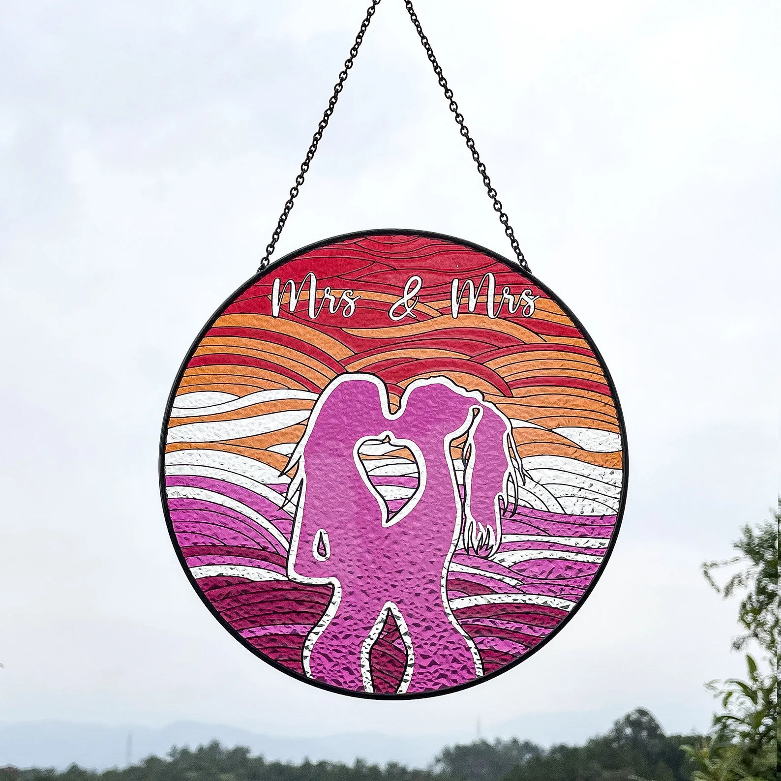 Mrs and Mrs stained glass window hanging