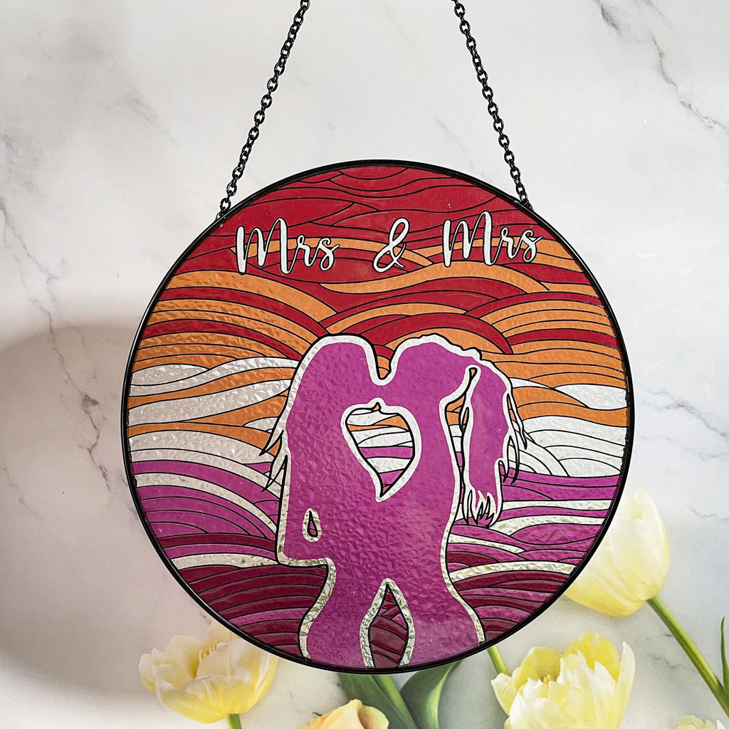 Mrs and Mrs stained glass window hanging