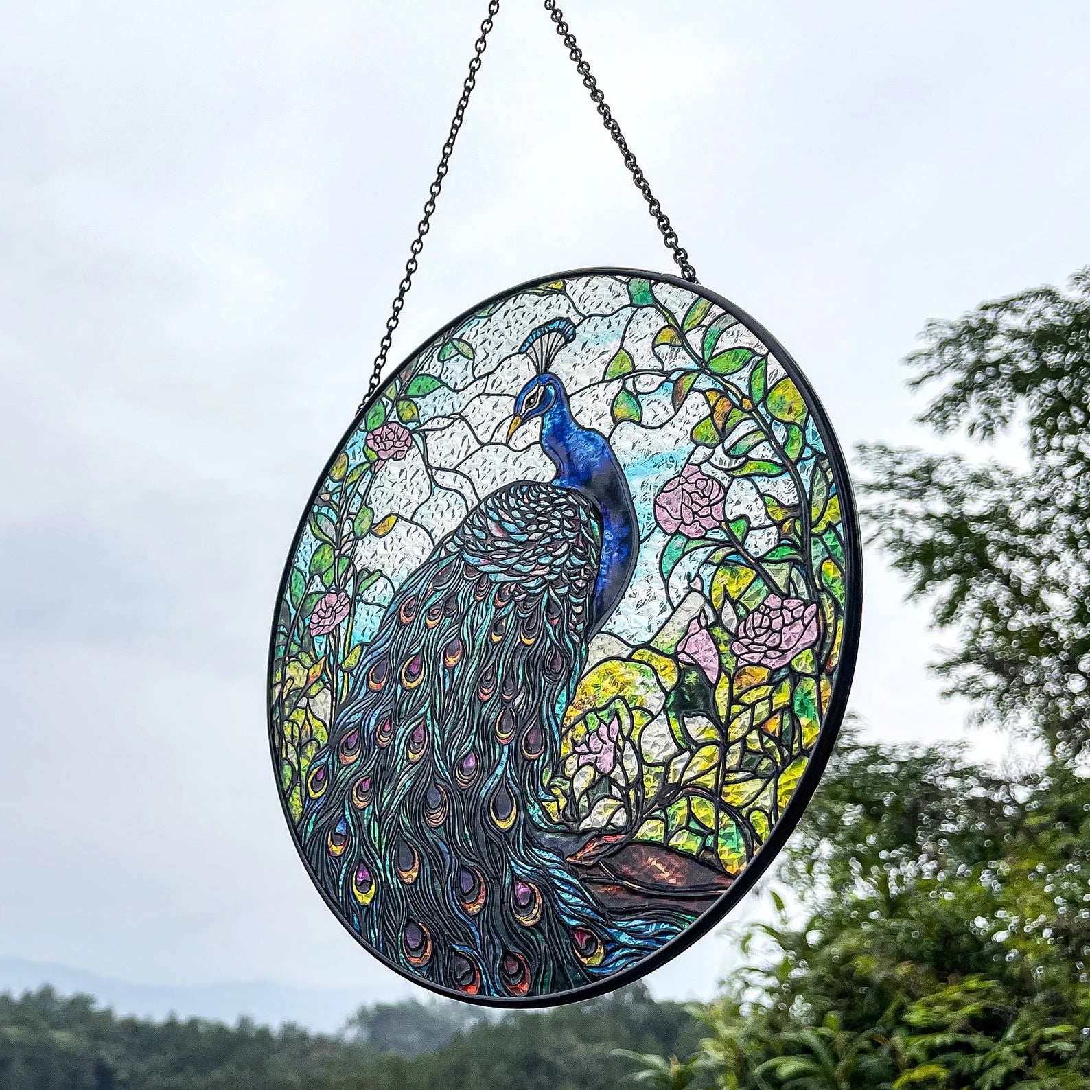 Peacock Stained Glass Suncatcher - 7.8'' Window Decor