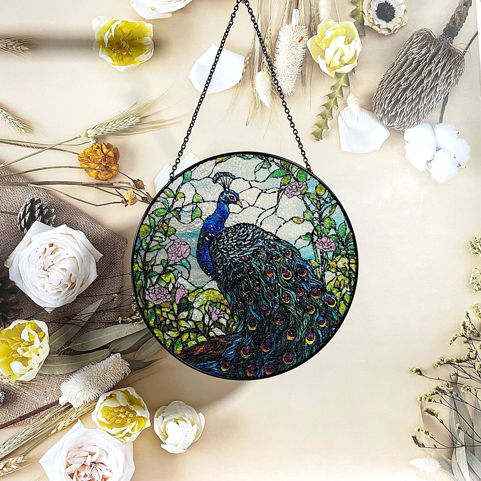 Peacock Stained Glass Suncatcher - 7.8'' Window Decor