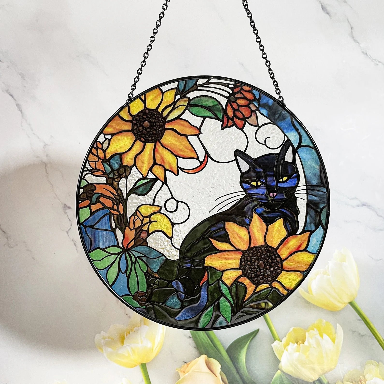 Sunflower Black Cat Stained Glass Suncatcher - Window Hanging Gift