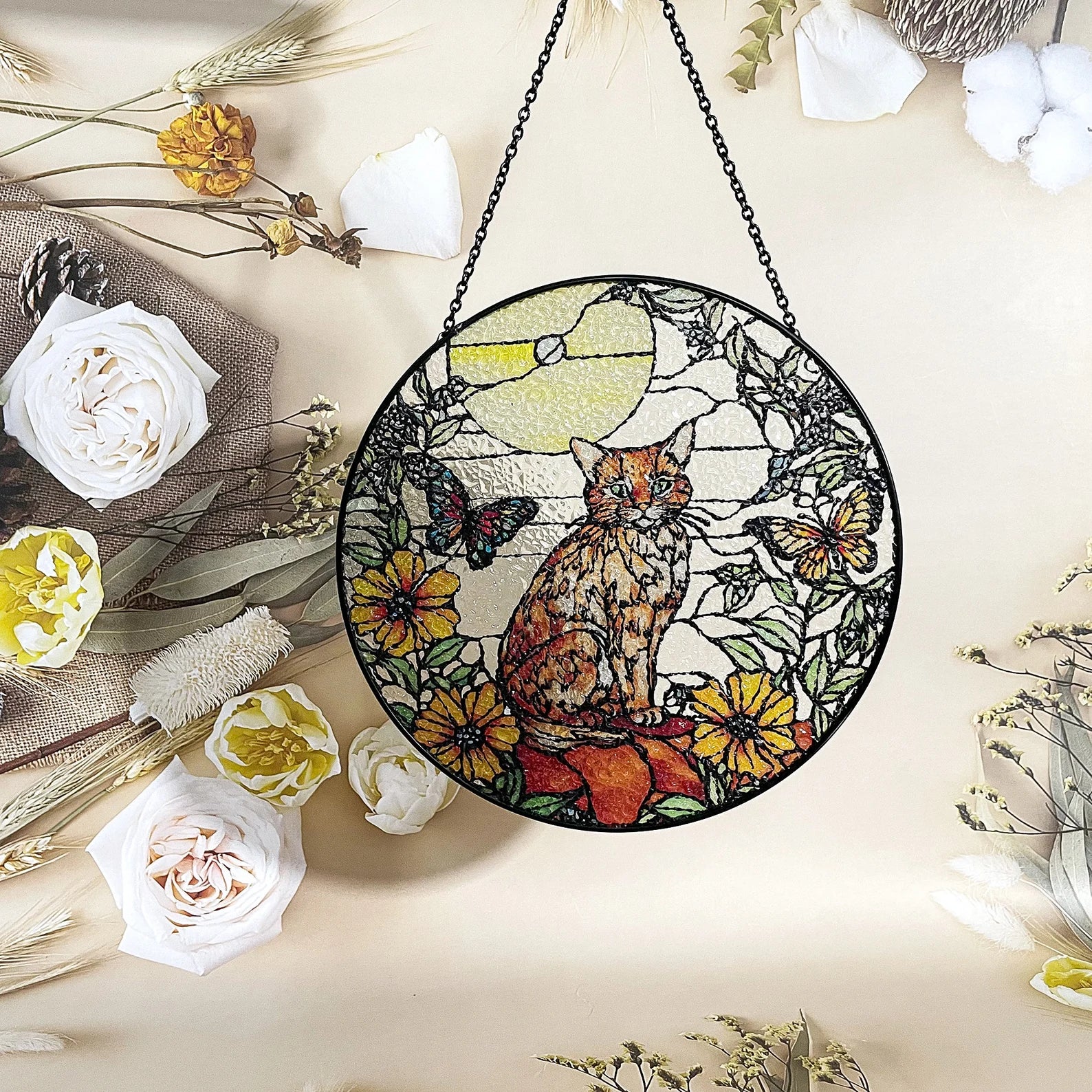 Orange Cat & Butterfly Stained Glass Suncatcher - Cat Lover's Gift