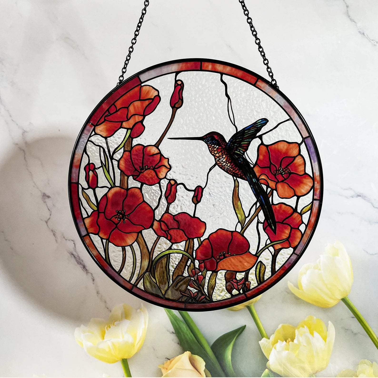 Hummingbird Suncatcher Stained Glass Suncatchers - Originally Designed 7.8'' Hummingbird Red Poppies Ornament for Sun Catcher Indoor Window | Gifts for Hummingbird Lovers Painted Glass Panel Decor