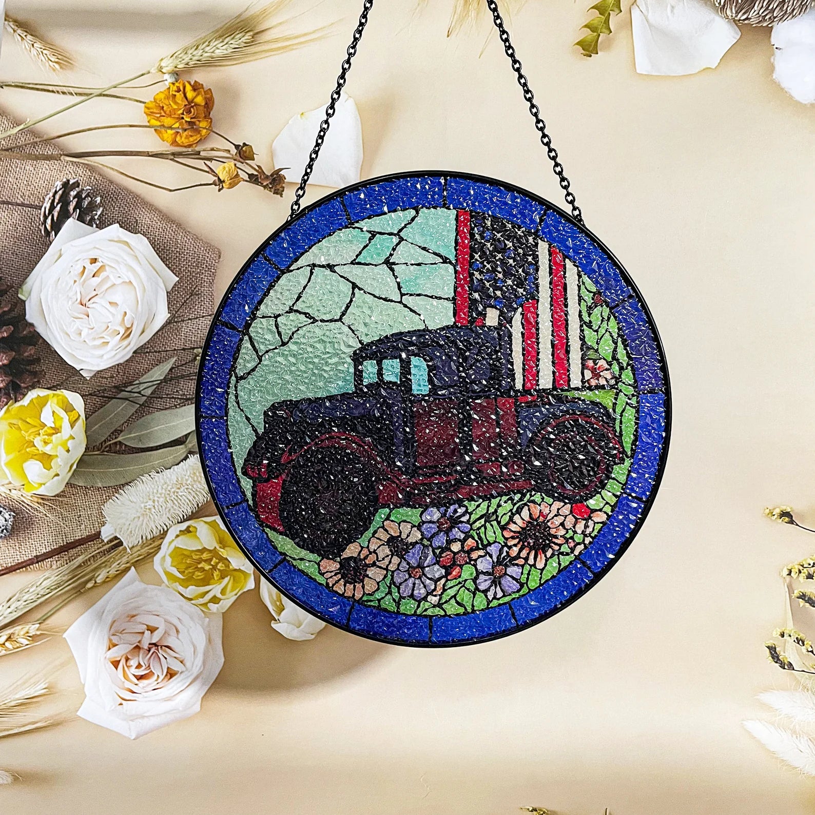 US Flag Classic Car Stained Glass Suncatcher - Window Hanging Gift