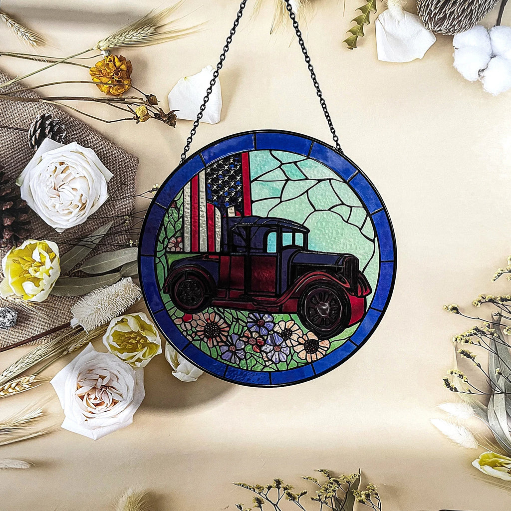 US Flag Classic Car Stained Glass Suncatcher - Window Hanging Gift