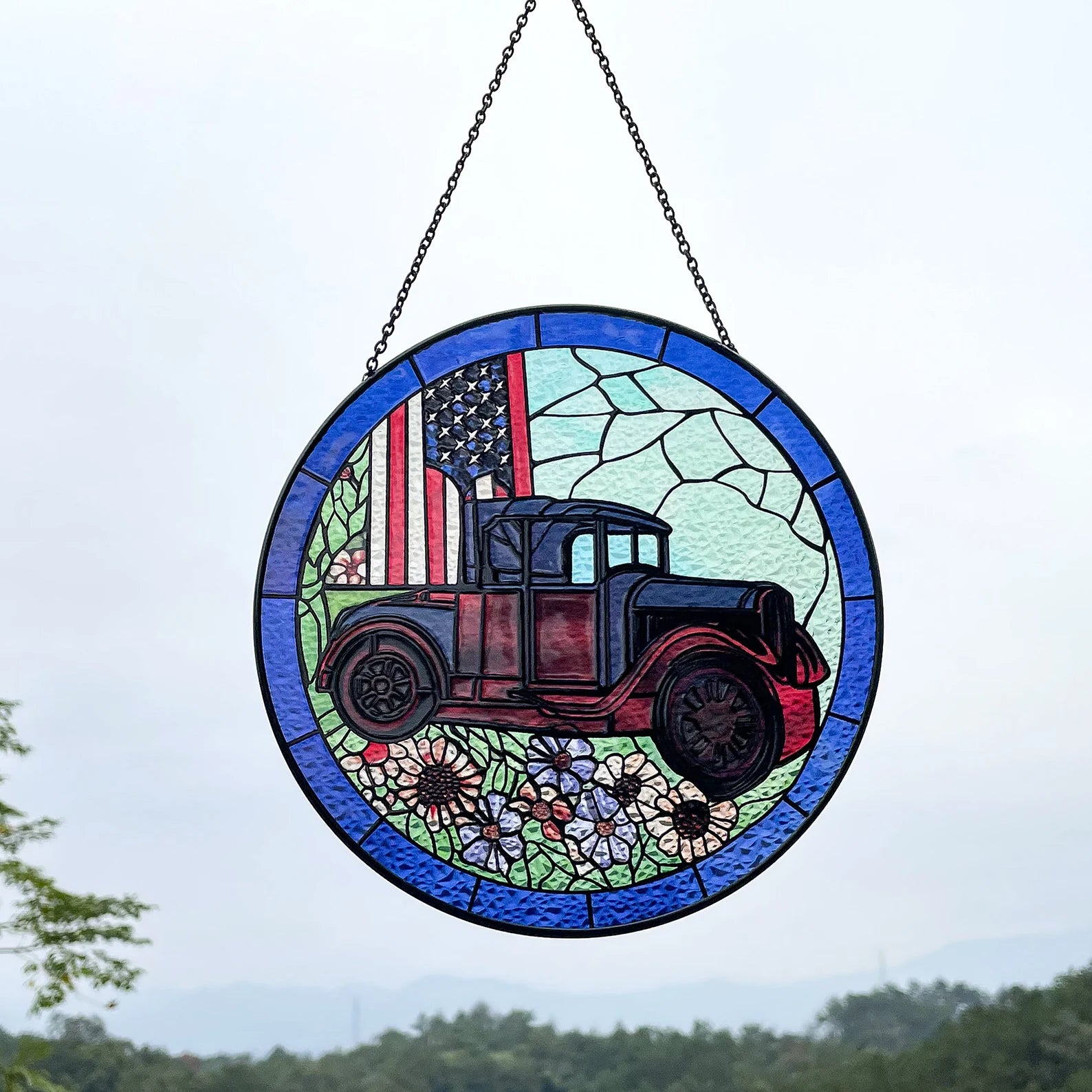 US Flag Classic Car Stained Glass Suncatcher - Window Hanging Gift