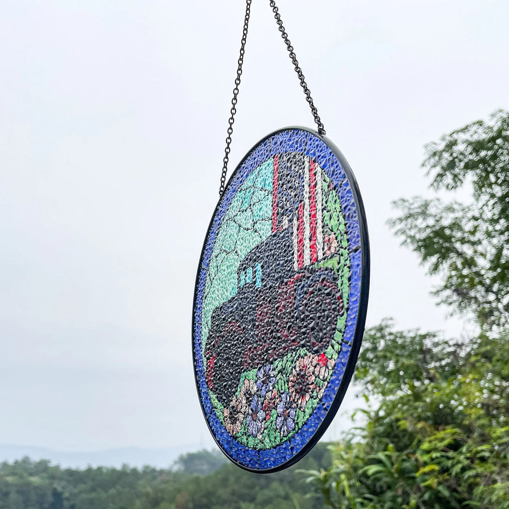 US Flag Classic Car Stained Glass Suncatcher - Window Hanging Gift
