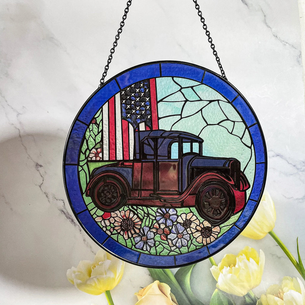 US Flag Classic Car Stained Glass Suncatcher - Window Hanging Gift