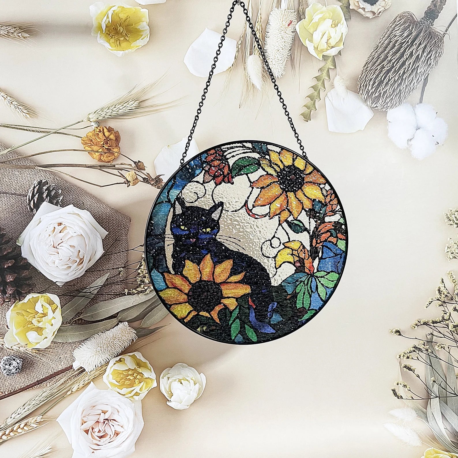 Sunflower Black Cat Stained Glass Suncatcher - Window Hanging Gift
