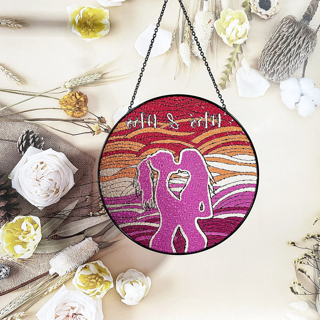 Mrs and Mrs stained glass window hanging