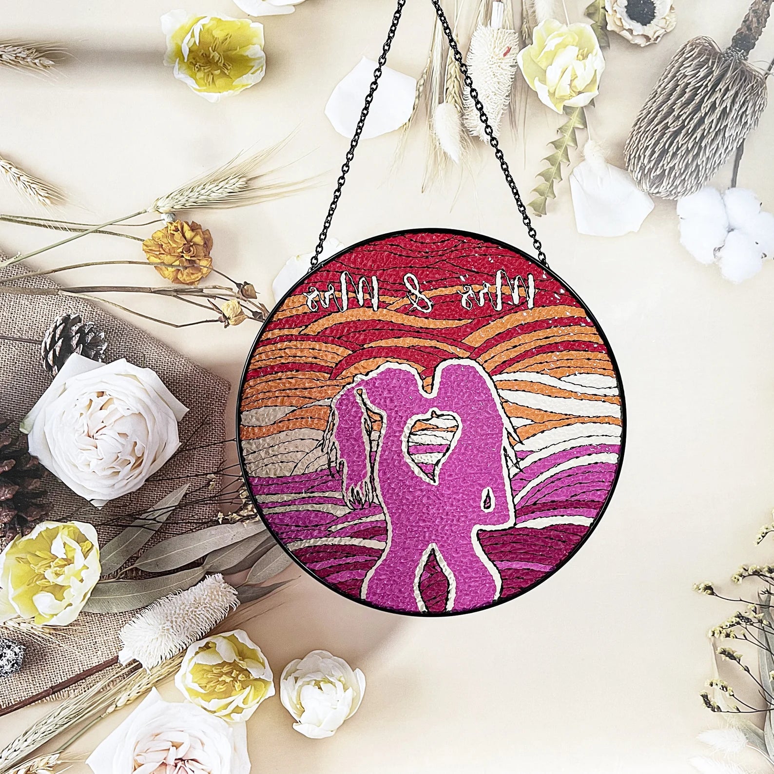 Mrs and Mrs stained glass window hanging