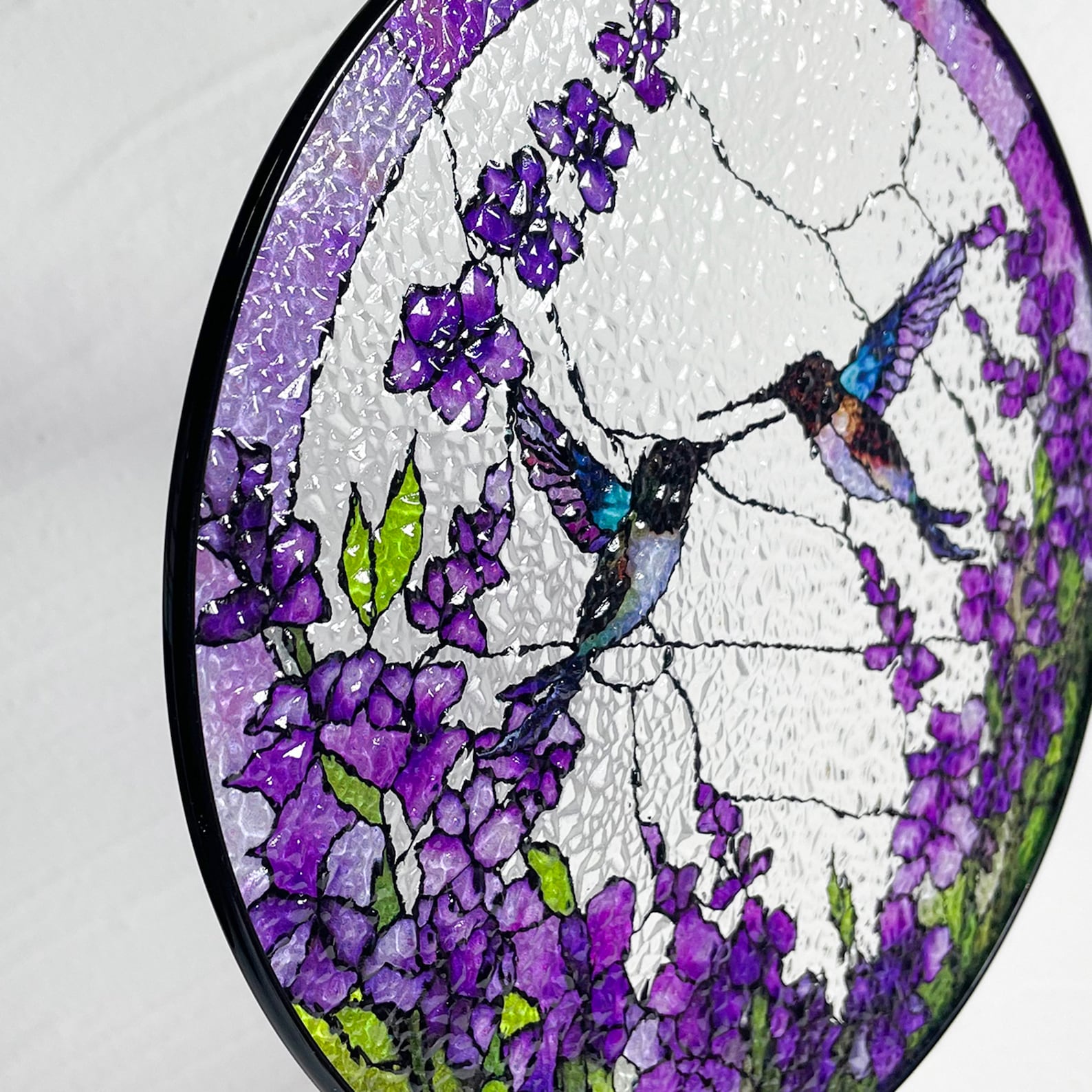 Stained Glass Hummingbird Enjoying a Purple Flower Suncatcher in 2024 a Horseshoe Frame