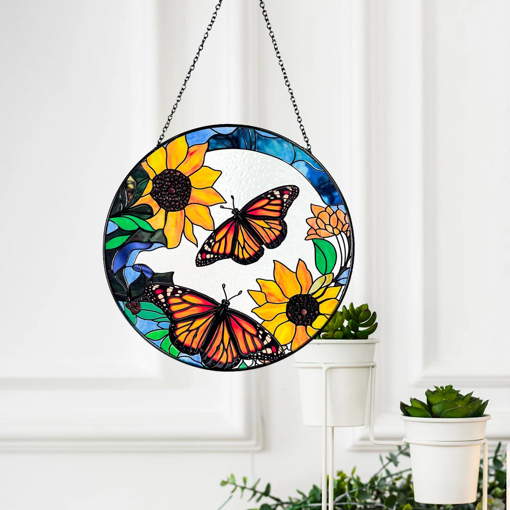 Monarch Butterflies and Sunflowers Stained Glass Suncatcher, Beautiful Sun Catcher, Gifts for Women, Window Hanging, Indoor Decor, Butterfly