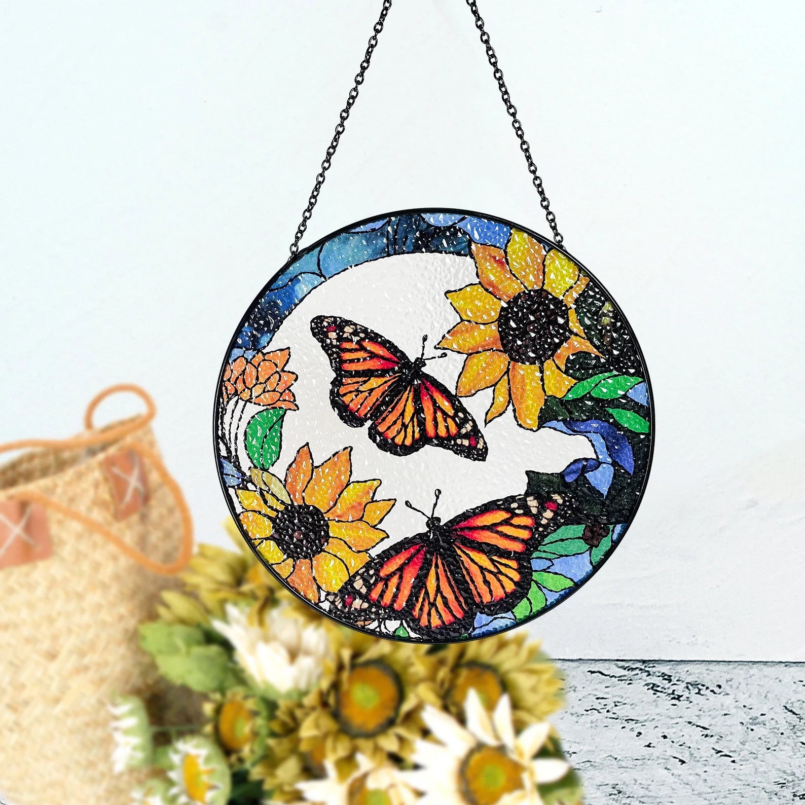 Monarch Butterflies and Sunflowers Stained Glass Suncatcher, Beautiful Sun Catcher, Gifts for Women, Window Hanging, Indoor Decor, Butterfly