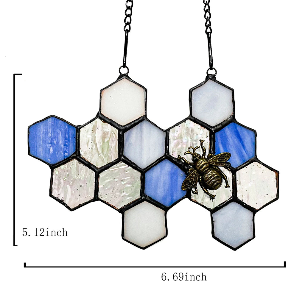 Blue Honeycomb Beehive Stained Glass SunCatcher - Gift for Bee Lovers