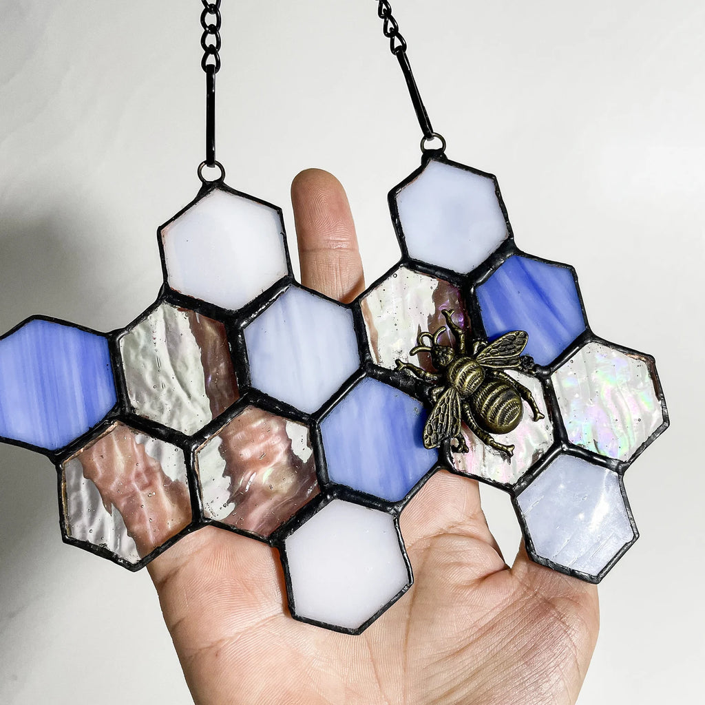 Blue Honeycomb Beehive Stained Glass SunCatcher - Gift for Bee Lovers