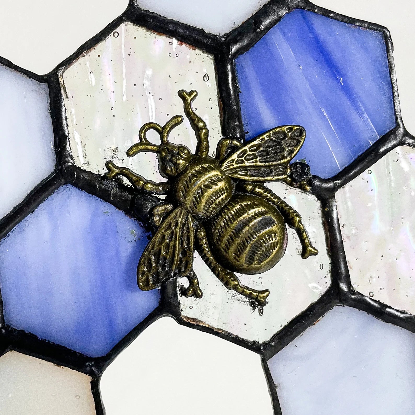 Blue Honeycomb Beehive Stained Glass SunCatcher - Gift for Bee Lovers